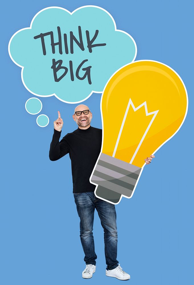 Man with Think big ideas holding a light bulb icon