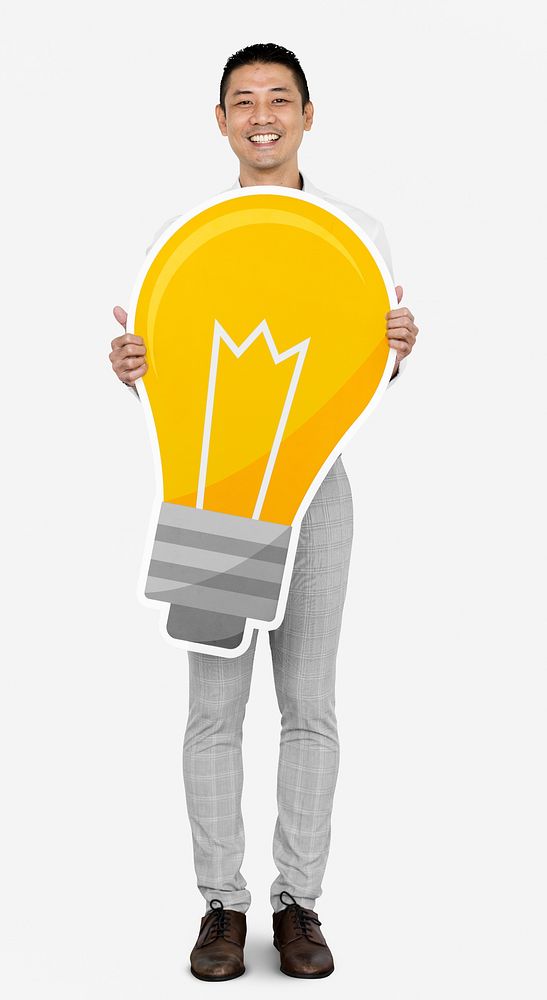 Creative man showing a light bulb icon