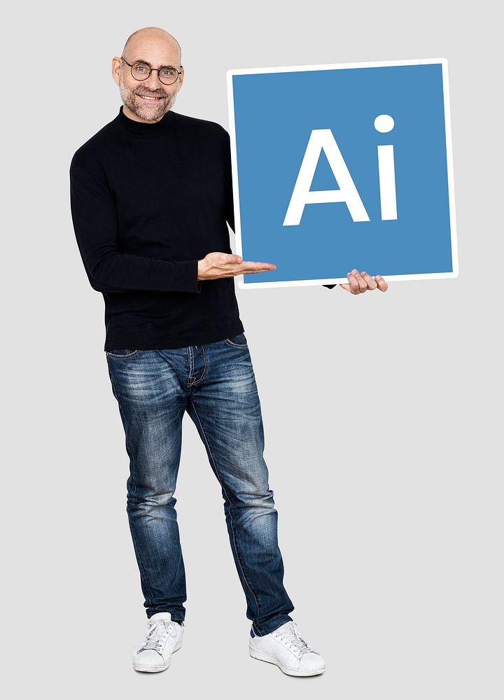 A cheerful man holding an artificial intelligence icon