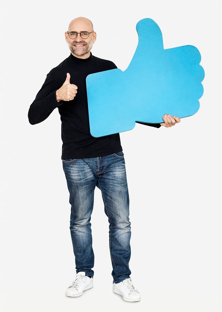 A man holding a thumbs up icon