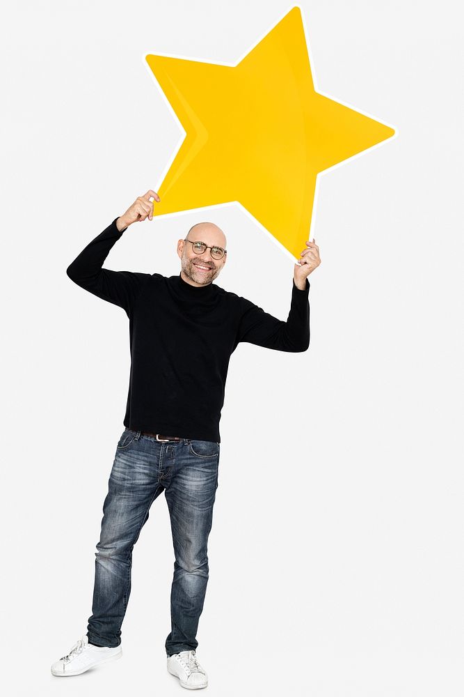 A cheerful man holding a star icon