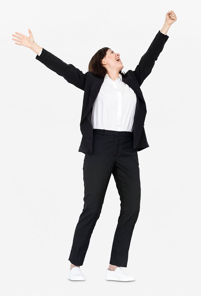 Cheerful businesswoman dancing with joy