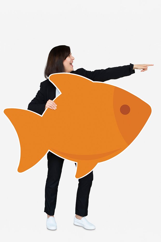 Cheerful woman holding an orange fish icon