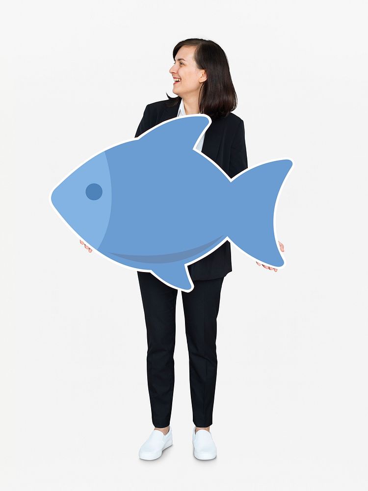 Woman holding a blue fish icon
