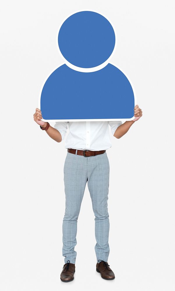 Man holding a blue user icon