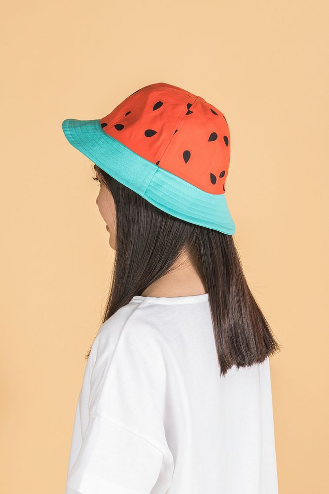 Woman with a watermelon printed bucket hat