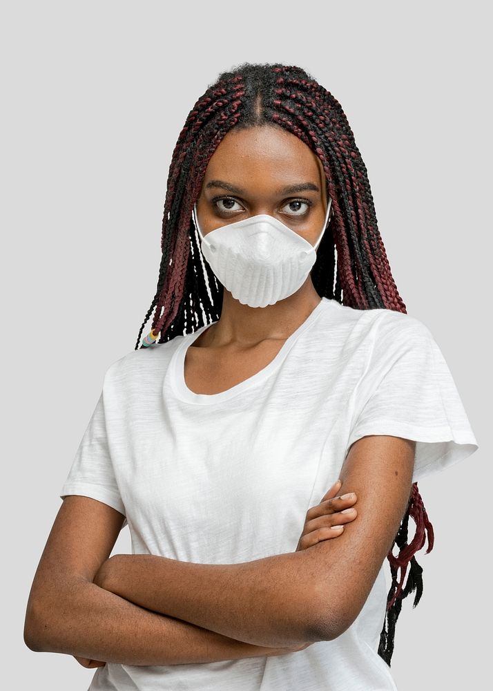 Crossed arms black woman wearing a mask mockup