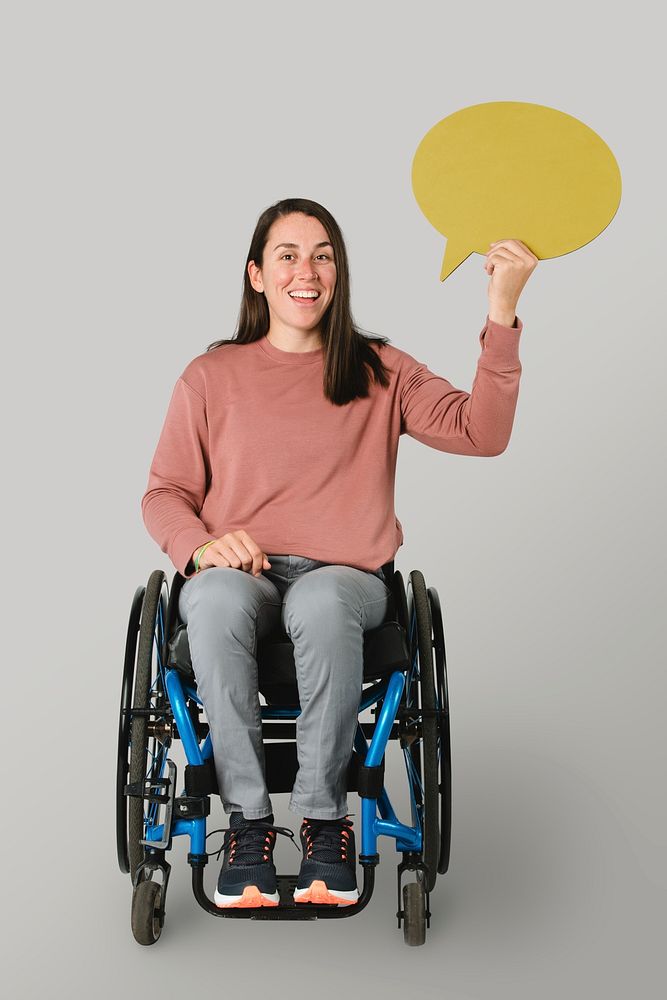 Cool woman in a wheelchair showing a speech bubble