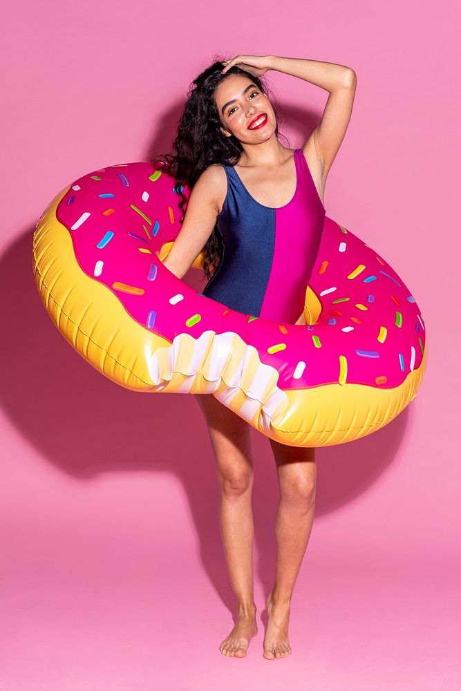 Happy South American woman in a bathing suit 