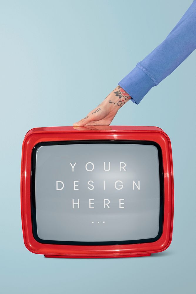 Woman with a red television psd mockup