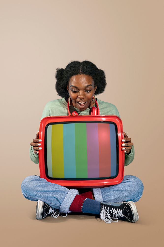 Woman with a red television mockup