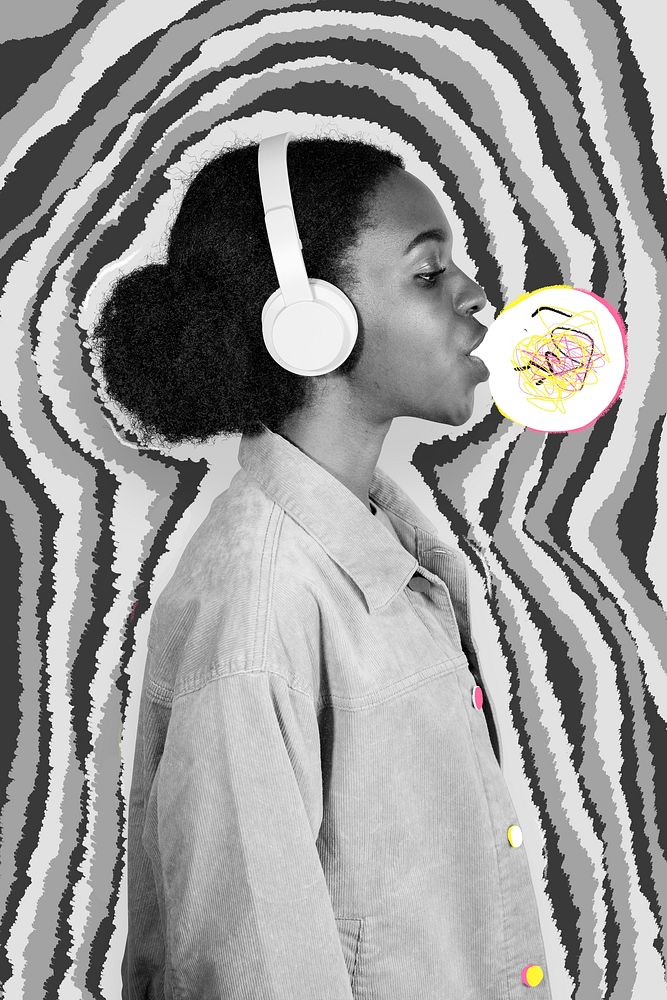 Black woman listening to the music and chewing bubble gum