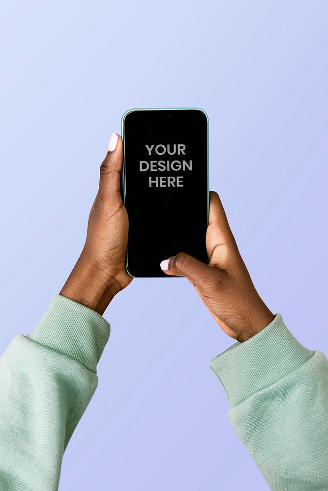 Hand holding smartphone isolated on background mockup