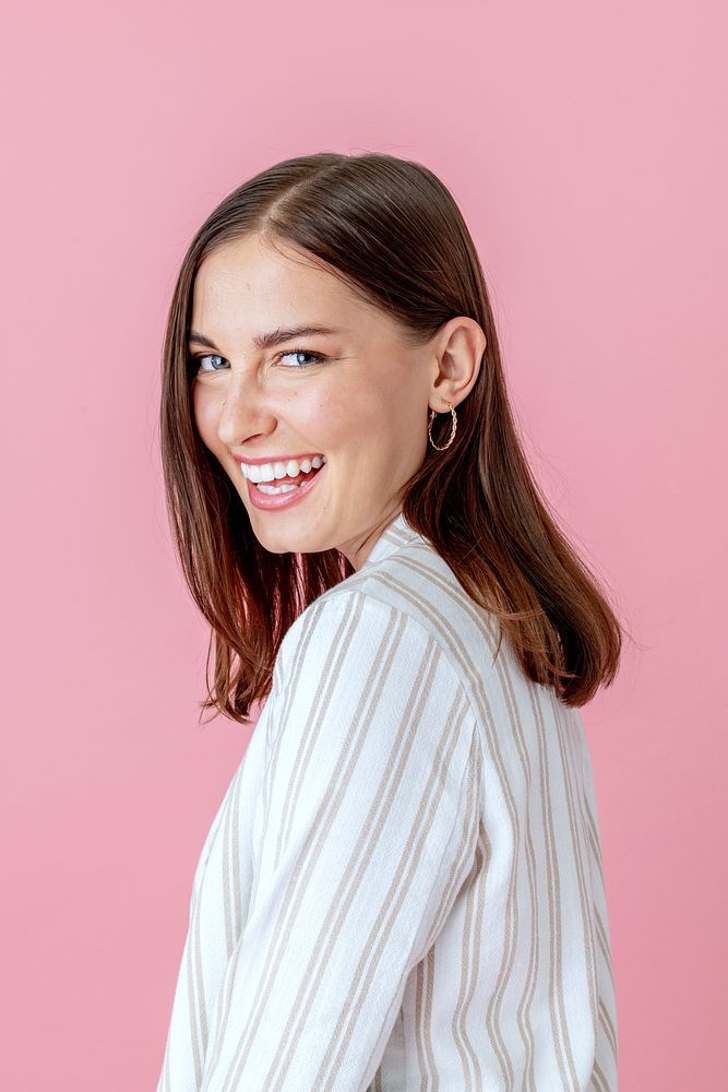 Cheerful smart woman smiling isolated on background