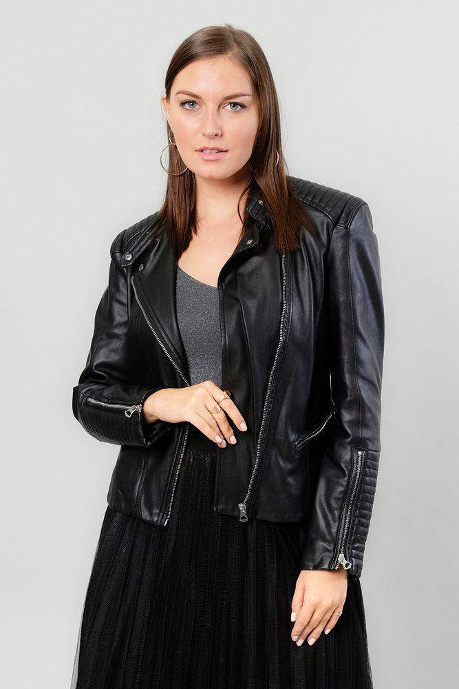 Woman in black leather jacket