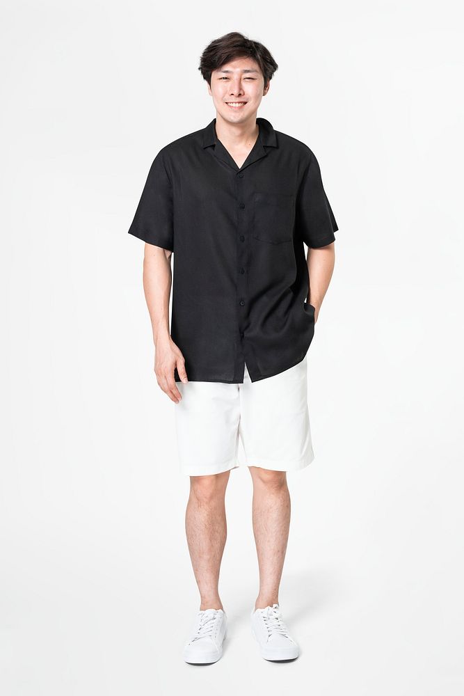 Man in black shirt and shorts with design space casual wear fashion full body