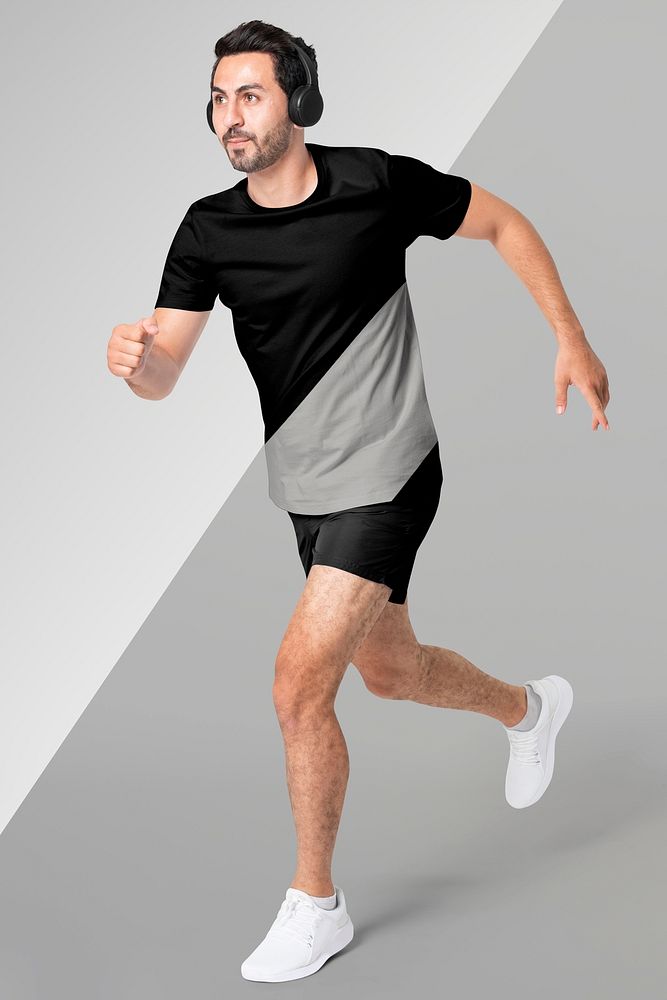 T-shirt mockup psd black and gray on running man sportswear fashion