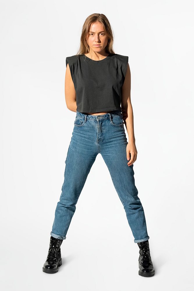 Black cropped tank top and jeans women&rsquo;s apparel