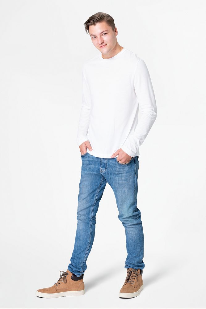 Long sleeve tee mockup psd with jeans men&rsquo;s basic wear full body