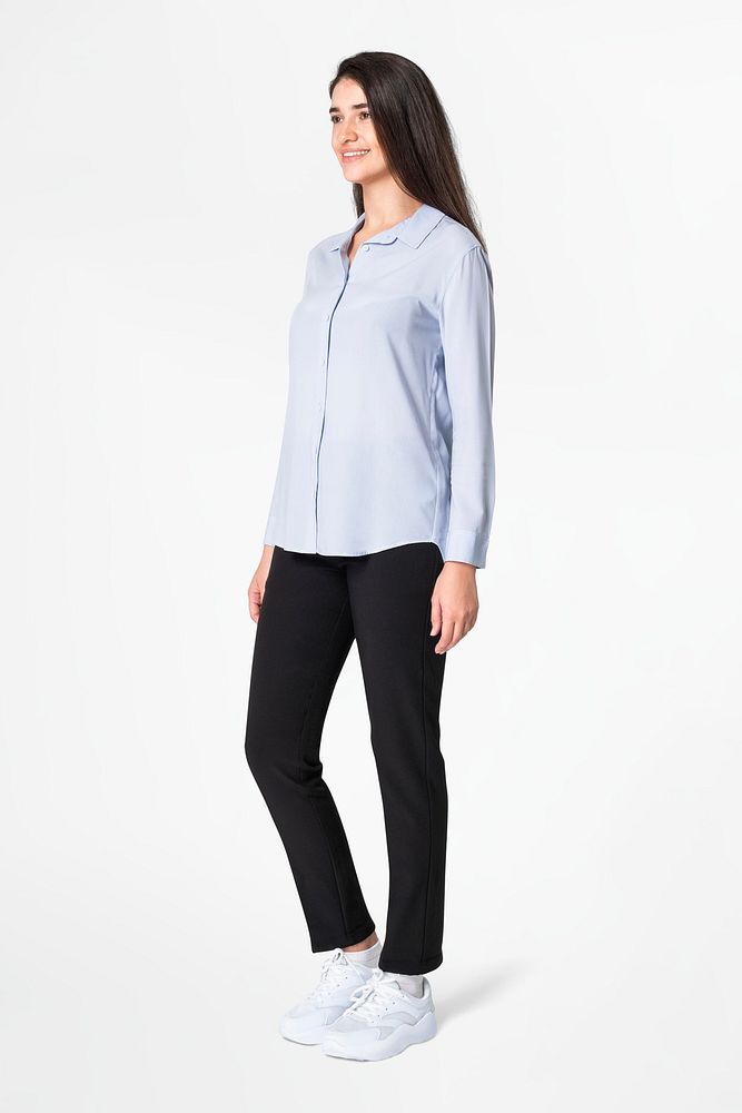 Woman mockup psd in blue blouse casual fashion full body