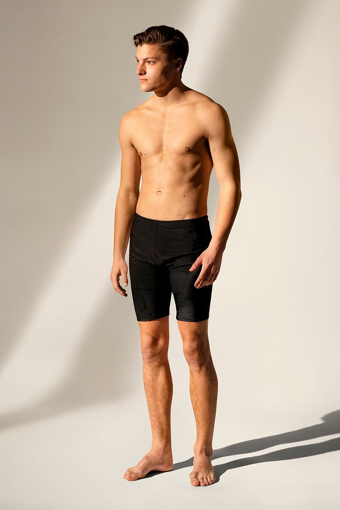 Man mockup in black swim shorts summer apparel full body