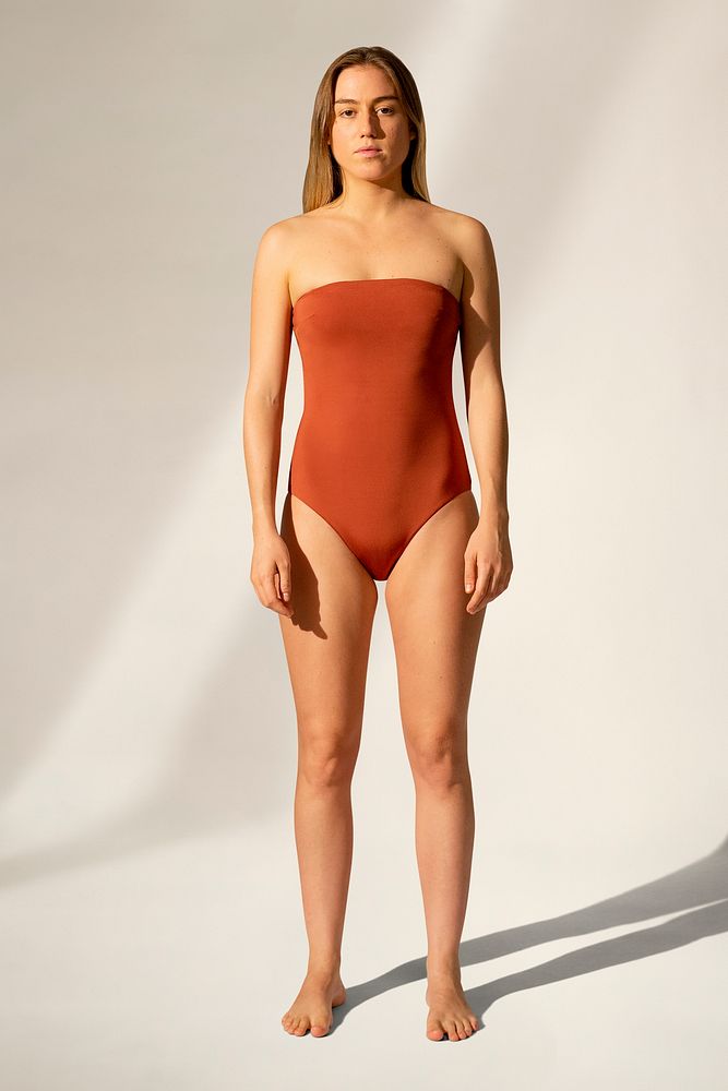 Strapless orange swimsuit women&rsquo;s summer apparel with design space full body