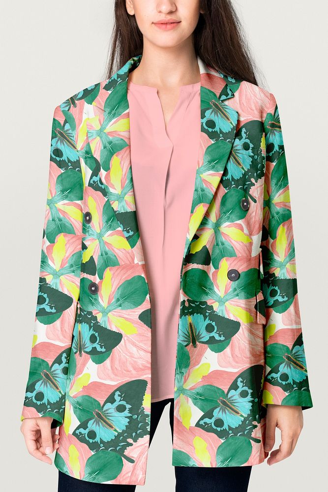 Women&rsquo;s blazer mockup psd in tropical butterfly design business casual wear