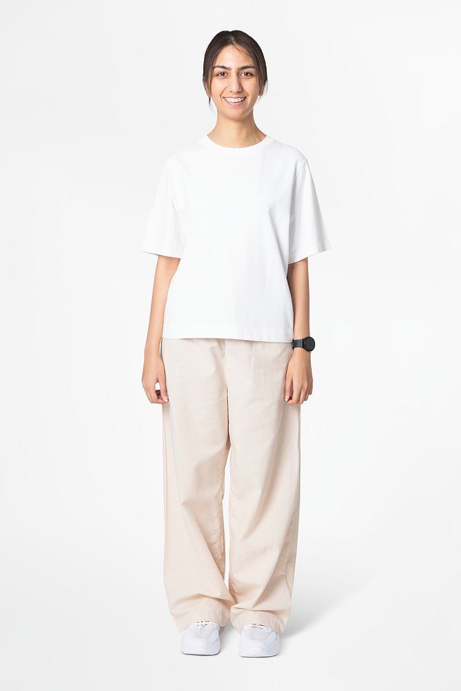 Beige loose pants and white tee women&rsquo;s fashion closeup