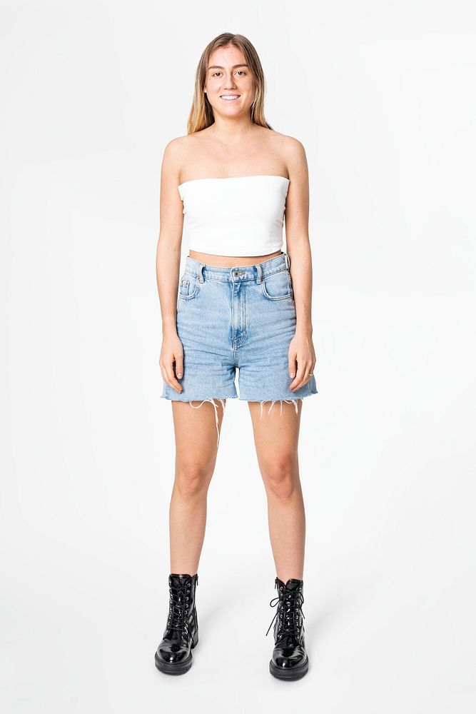 Bandeau top mockup psd with denim shorts women&rsquo;s street style fashion full body