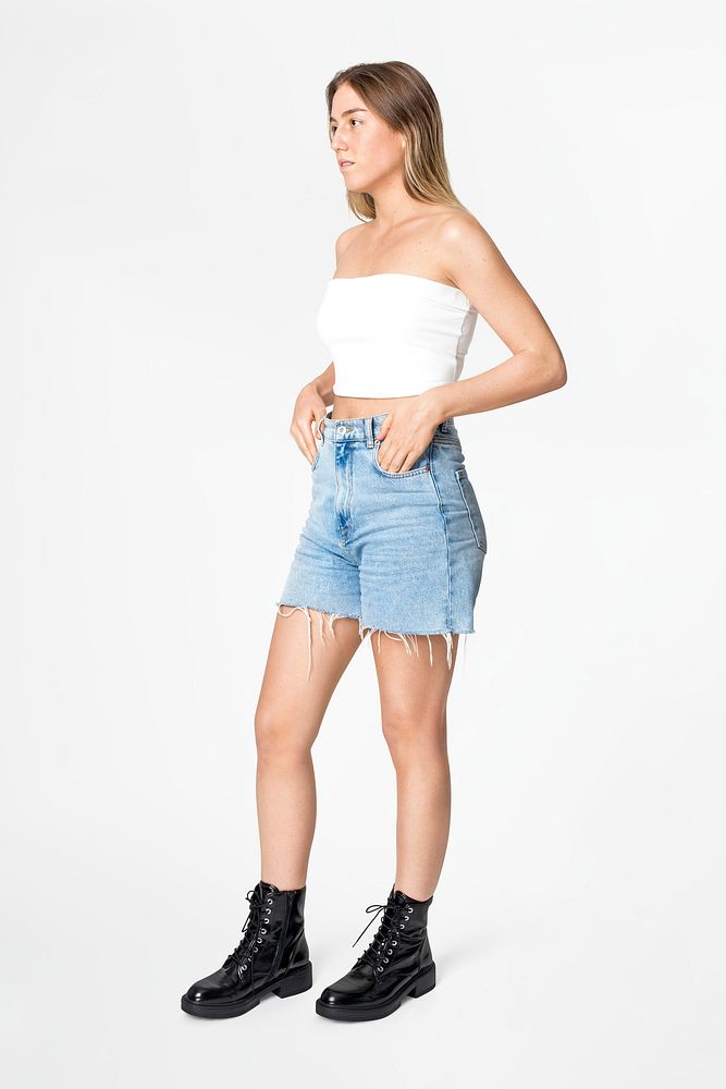 Woman in white bandeau top and denim skirt casual fashion full body
