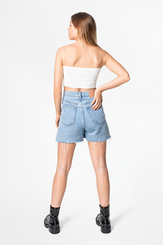 Bandeau top mockup psd with denim shorts women&rsquo;s street style fashion rear view