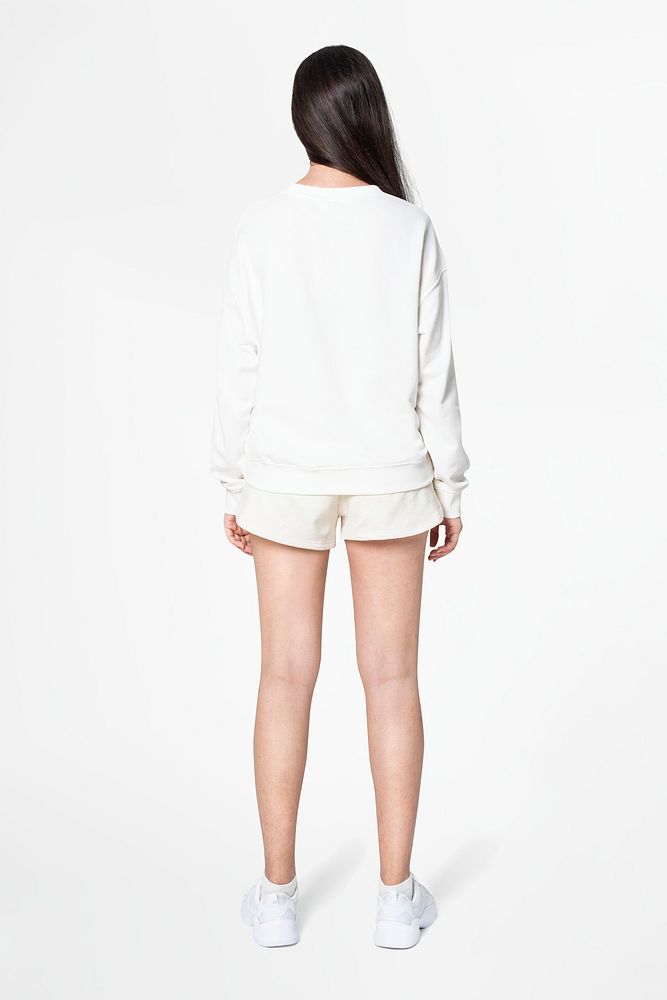 Woman in basic sweater and shorts casual apparel