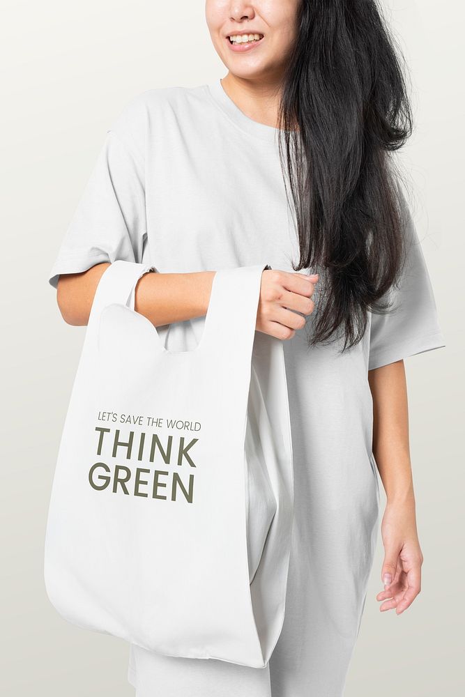 Reusable shopping bag psd mockup think green typography studio shoot