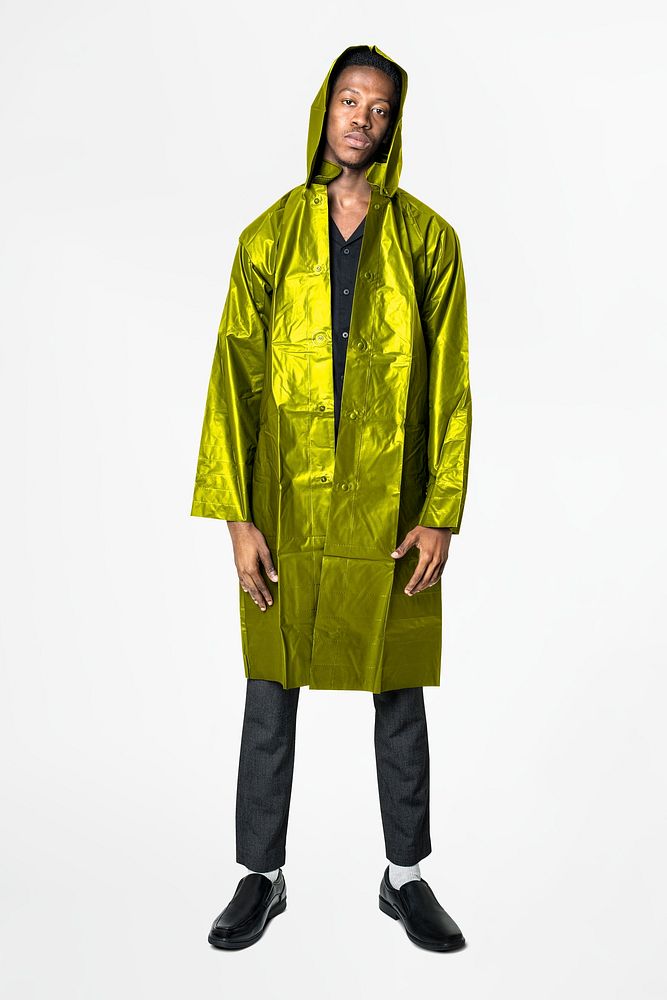 Green reflective raincoat mockup psd men&rsquo;s street fashion full body