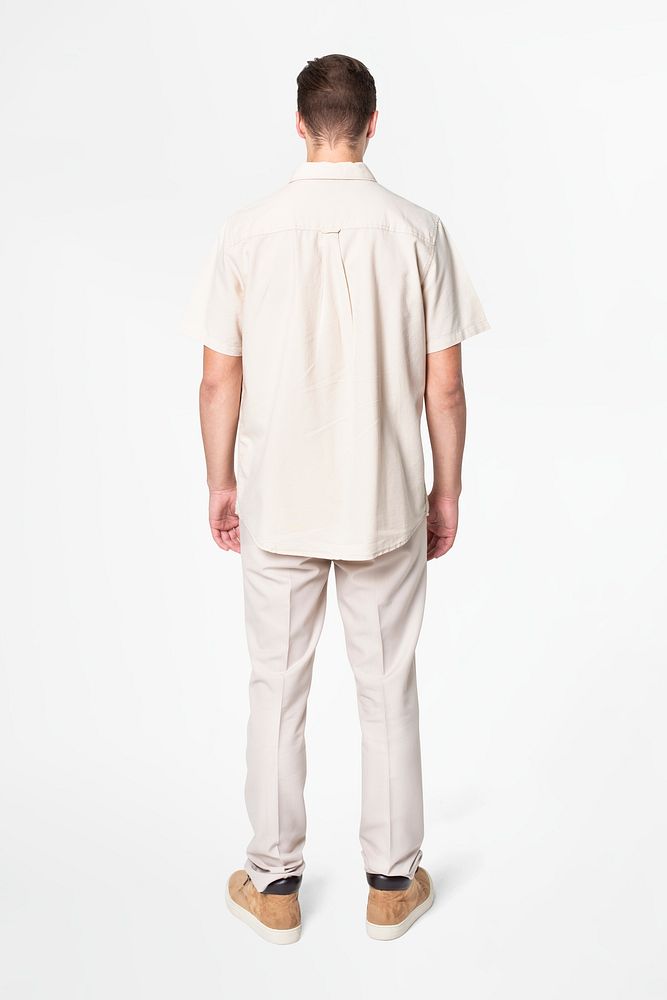 Man in beige shirt and pants casual wear fashion rear view