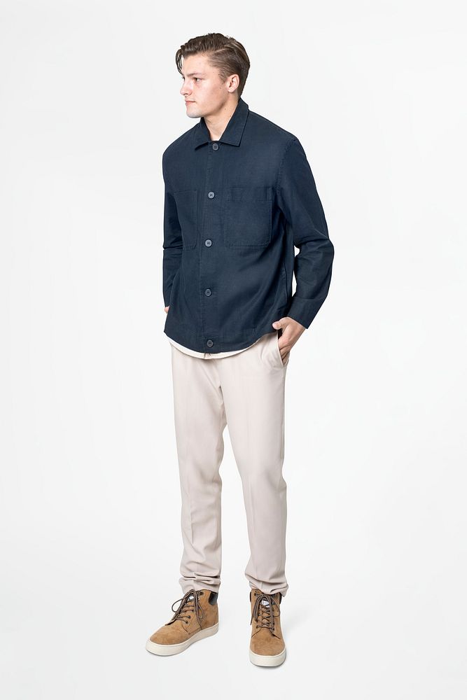 Man in navy blue shirt and pants casual wear fashion full body