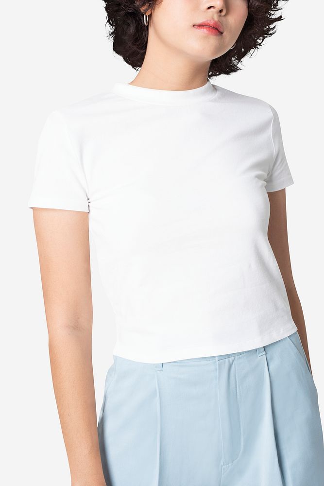 Basic white crop top psd mockup women&rsquo;s apparel shoot