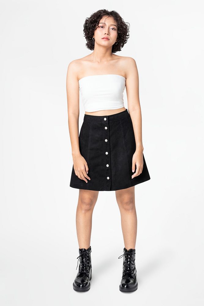 Woman in white bandeau top and black a-line skirt with design space full body