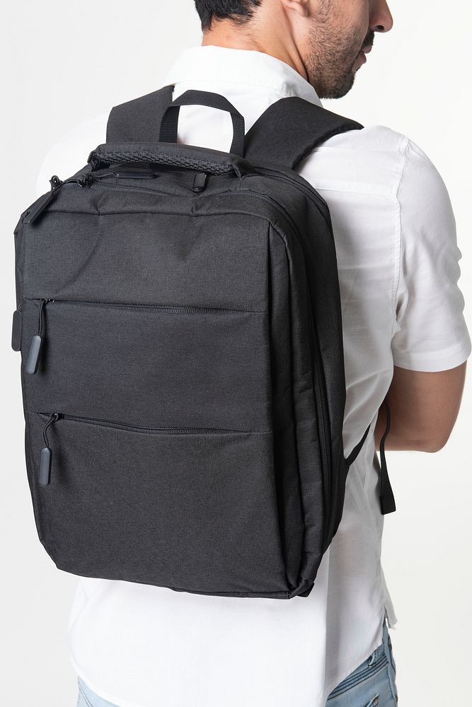 Black laptop backpack psd mockup rear view studio shoot