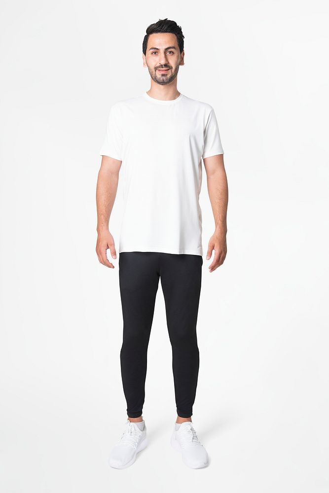 White t-shirt mockup psd with black pants men&rsquo;s sportswear apparel full body
