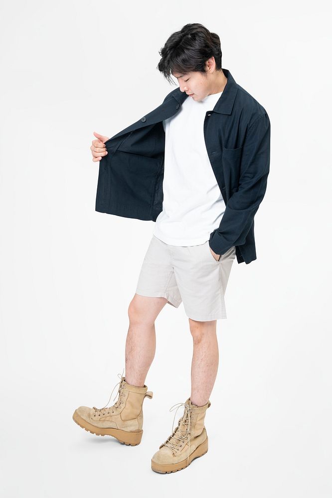 Man in navy jacket and shorts streetwear full body