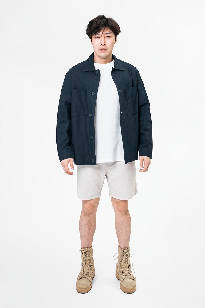 Men&rsquo;s jacket mockup psd with shorts casual fashion full body