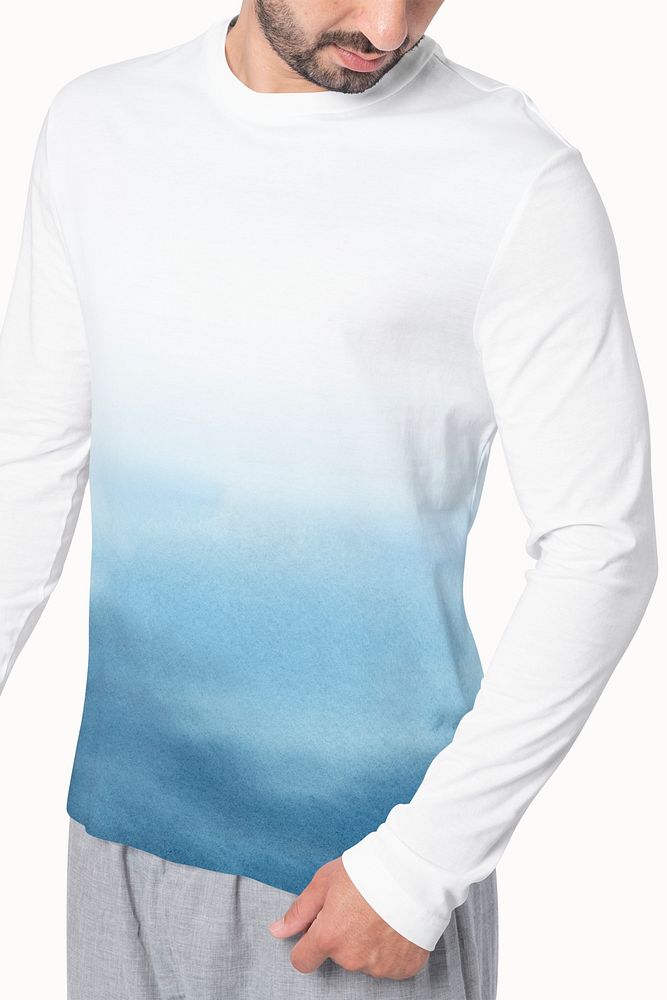 White t-shirt mockup psd long sleeve blue tie dye winter fashion shoot