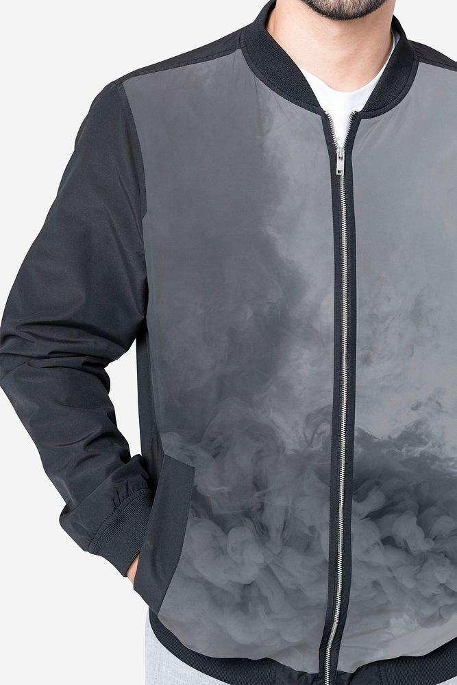 Black jacket mockup psd with smoke graphic men&rsquo;s winter apparel shoot
