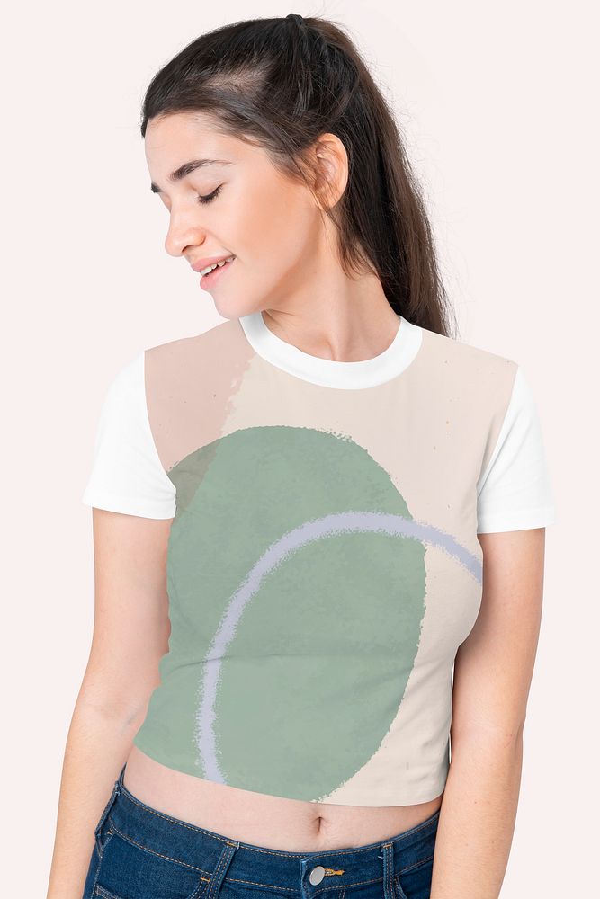 Women&rsquo;s crop top psd mockup with green abstract print fashion shoot