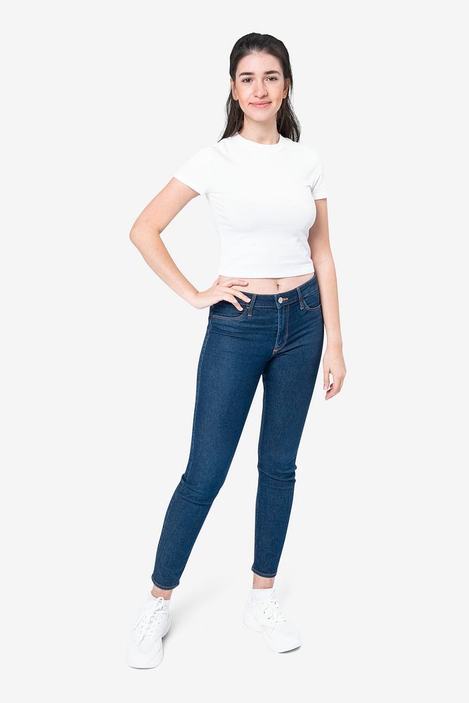 Woman mockup psd in white t-shirt with jeans women&rsquo;s basic wear full body