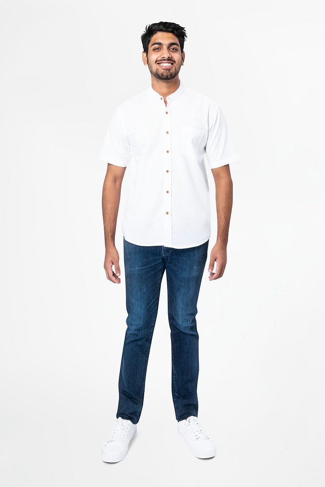 Man mockup psd in shirts and jeans men’s basic wear full body