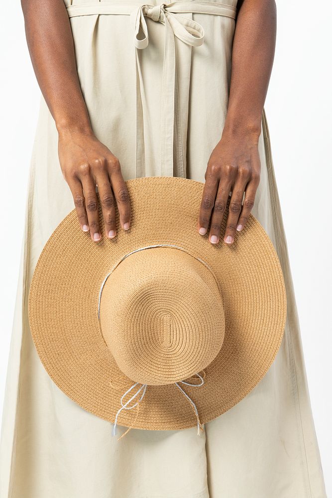 Sun hat, beanie mockup psd woman fashion studio shoot
