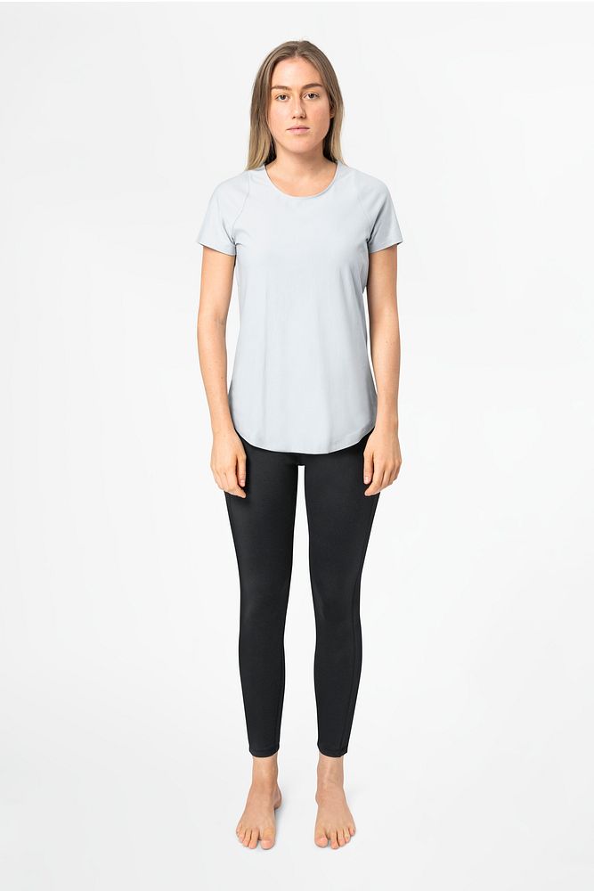 Women&rsquo;s gray t-shirt and black leggings activewear fashion full body
