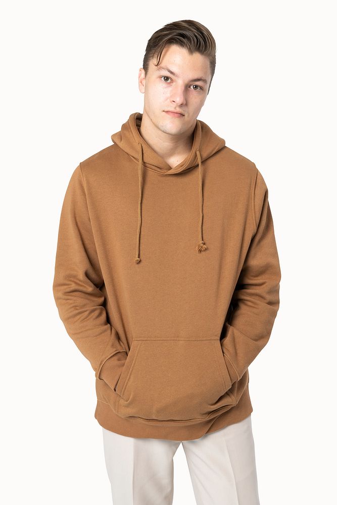 Men&rsquo;s brown hoodie psd mockup winter fashion studio shoot